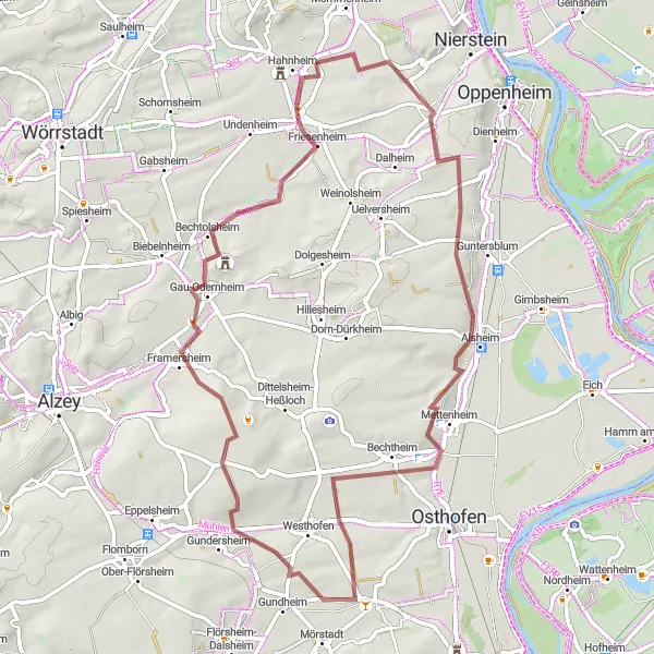 Map miniature of "The Rheinhessen Villages Adventure" cycling inspiration in Rheinhessen-Pfalz, Germany. Generated by Tarmacs.app cycling route planner