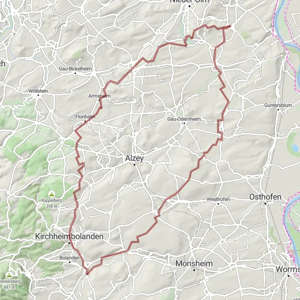 Map miniature of "The Ultimate Rheinhessen Gravel Challenge" cycling inspiration in Rheinhessen-Pfalz, Germany. Generated by Tarmacs.app cycling route planner