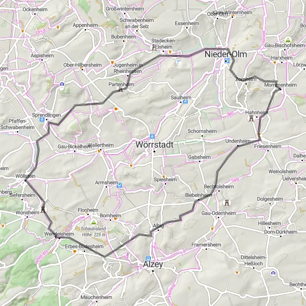 Map miniature of "Roads Less Traveled" cycling inspiration in Rheinhessen-Pfalz, Germany. Generated by Tarmacs.app cycling route planner