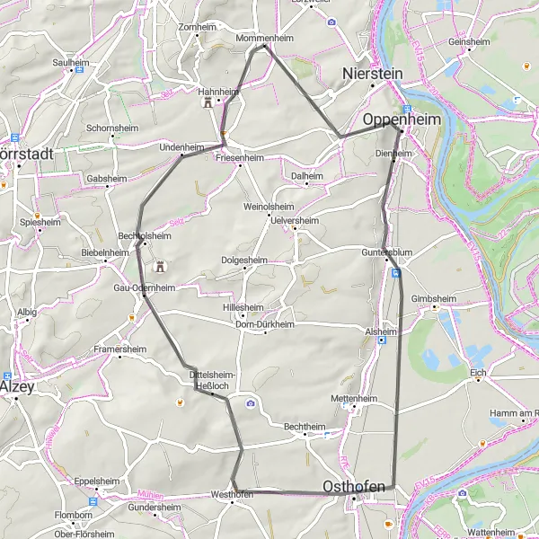 Map miniature of "Historical Journey through Rheinhessen-Pfalz" cycling inspiration in Rheinhessen-Pfalz, Germany. Generated by Tarmacs.app cycling route planner