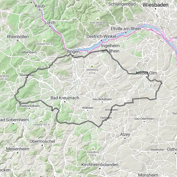 Map miniature of "The Rheinhessen Vineyard Experience" cycling inspiration in Rheinhessen-Pfalz, Germany. Generated by Tarmacs.app cycling route planner