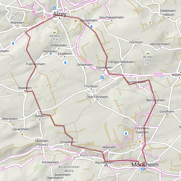 Map miniature of "Weinrast Aegidiuspark Gravel Route" cycling inspiration in Rheinhessen-Pfalz, Germany. Generated by Tarmacs.app cycling route planner