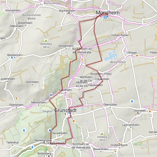 Map miniature of "Obrigheim Gravel Route" cycling inspiration in Rheinhessen-Pfalz, Germany. Generated by Tarmacs.app cycling route planner