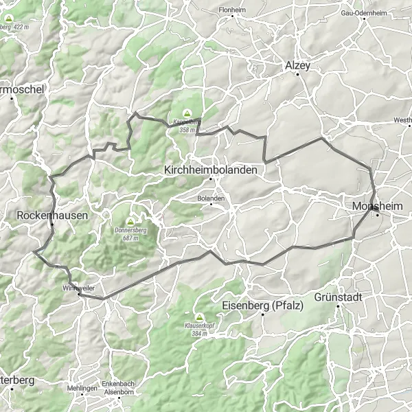 Karten-Miniaturansicht der Radinspiration "Idyllische Fahrt durch die Weinberge und Dörfer" in Rheinhessen-Pfalz, Germany. Erstellt vom Tarmacs.app-Routenplaner für Radtouren