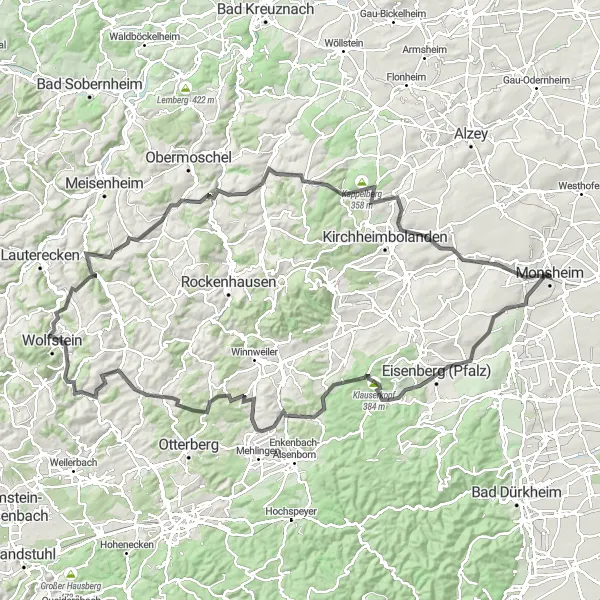 Karten-Miniaturansicht der Radinspiration "Hügelige Herausforderung durch Rheinhessen und die Pfalz" in Rheinhessen-Pfalz, Germany. Erstellt vom Tarmacs.app-Routenplaner für Radtouren