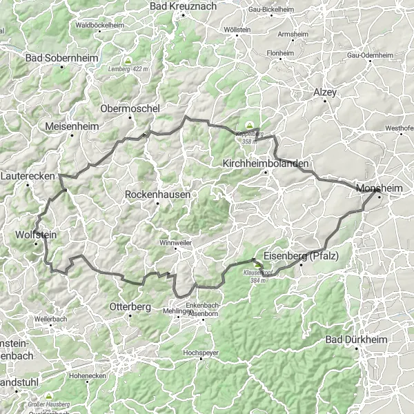 Map miniature of "The Four Towers" cycling inspiration in Rheinhessen-Pfalz, Germany. Generated by Tarmacs.app cycling route planner