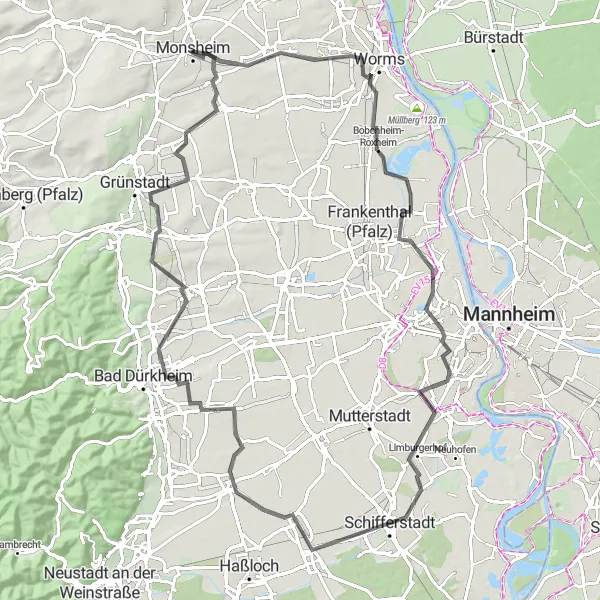 Karten-Miniaturansicht der Radinspiration "Historische Tour von Worms nach Offstein" in Rheinhessen-Pfalz, Germany. Erstellt vom Tarmacs.app-Routenplaner für Radtouren