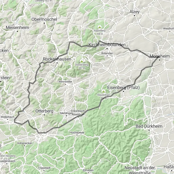 Karten-Miniaturansicht der Radinspiration "Eindrucksvolle Rundfahrt durch hügelige Landschaften" in Rheinhessen-Pfalz, Germany. Erstellt vom Tarmacs.app-Routenplaner für Radtouren