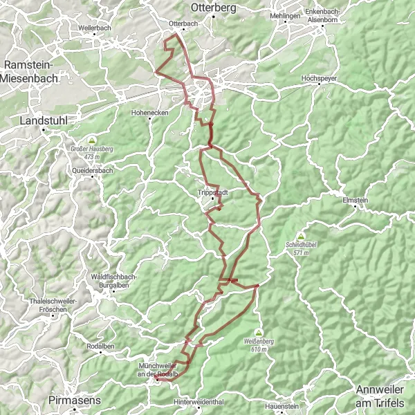 Map miniature of "Humboldt's Hilly Adventure" cycling inspiration in Rheinhessen-Pfalz, Germany. Generated by Tarmacs.app cycling route planner