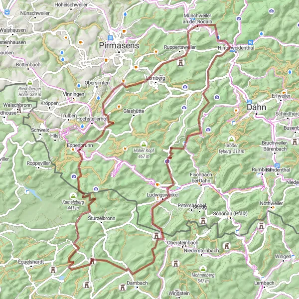 Karten-Miniaturansicht der Radinspiration "Panorama der Pfälzer Berge" in Rheinhessen-Pfalz, Germany. Erstellt vom Tarmacs.app-Routenplaner für Radtouren