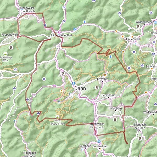 Karten-Miniaturansicht der Radinspiration "Abenteuer Pfälzerwald-Graveltour" in Rheinhessen-Pfalz, Germany. Erstellt vom Tarmacs.app-Routenplaner für Radtouren