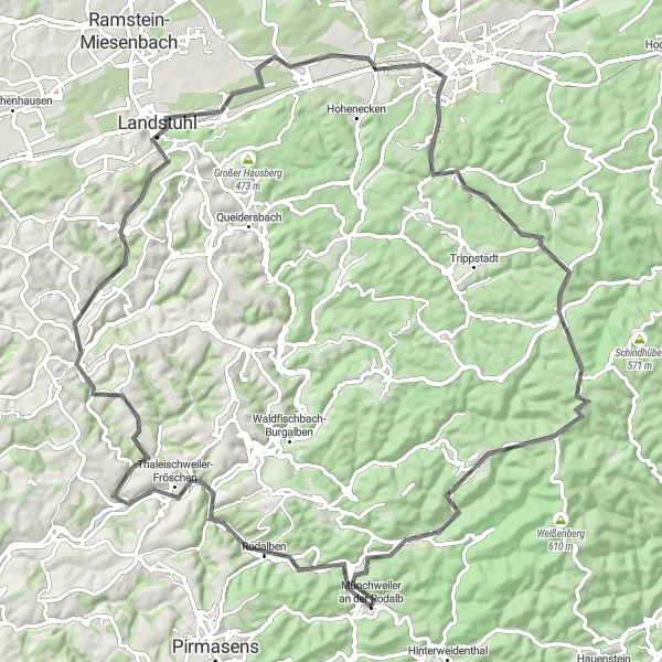 Map miniature of "Rheinhessen-Pfalz Grand Tour" cycling inspiration in Rheinhessen-Pfalz, Germany. Generated by Tarmacs.app cycling route planner