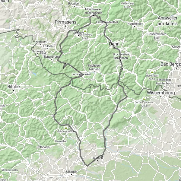 Map miniature of "Palatinate Forest Adventure" cycling inspiration in Rheinhessen-Pfalz, Germany. Generated by Tarmacs.app cycling route planner