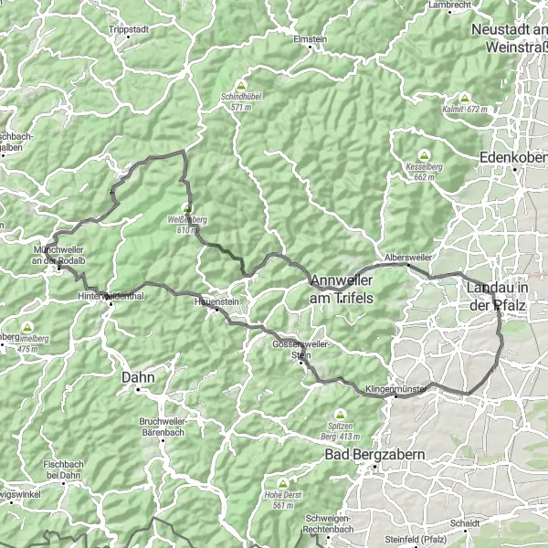 Map miniature of "The Scenic Palatinate Forest Loop" cycling inspiration in Rheinhessen-Pfalz, Germany. Generated by Tarmacs.app cycling route planner