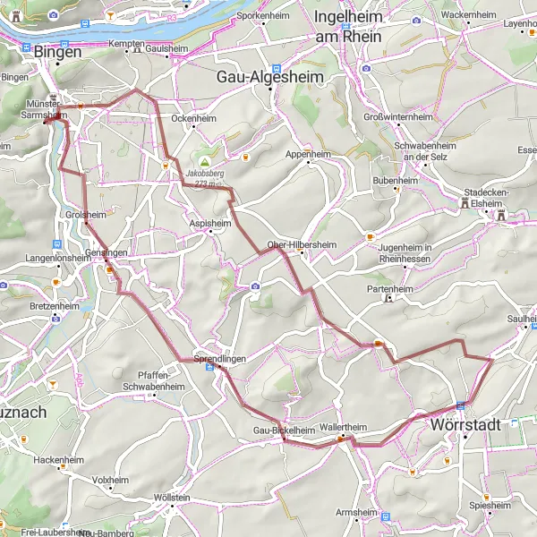 Map miniature of "Off the Beaten Path Gravel Adventure" cycling inspiration in Rheinhessen-Pfalz, Germany. Generated by Tarmacs.app cycling route planner