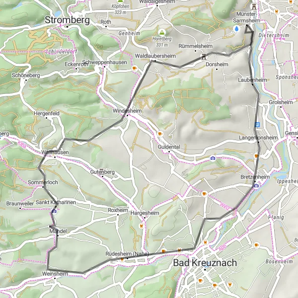 Map miniature of "The Vineyards of Rheinhessen" cycling inspiration in Rheinhessen-Pfalz, Germany. Generated by Tarmacs.app cycling route planner