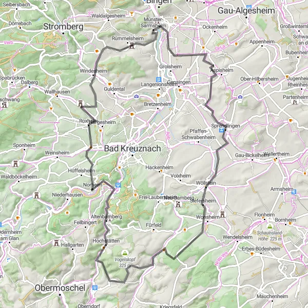 Map miniature of "Exploring Rheinhessen's Natural Beauty" cycling inspiration in Rheinhessen-Pfalz, Germany. Generated by Tarmacs.app cycling route planner