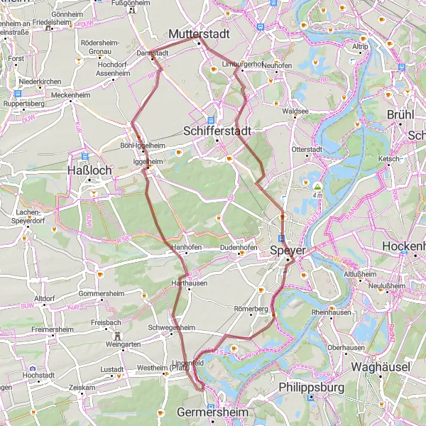 Map miniature of "Gravel Adventure to Speyer" cycling inspiration in Rheinhessen-Pfalz, Germany. Generated by Tarmacs.app cycling route planner