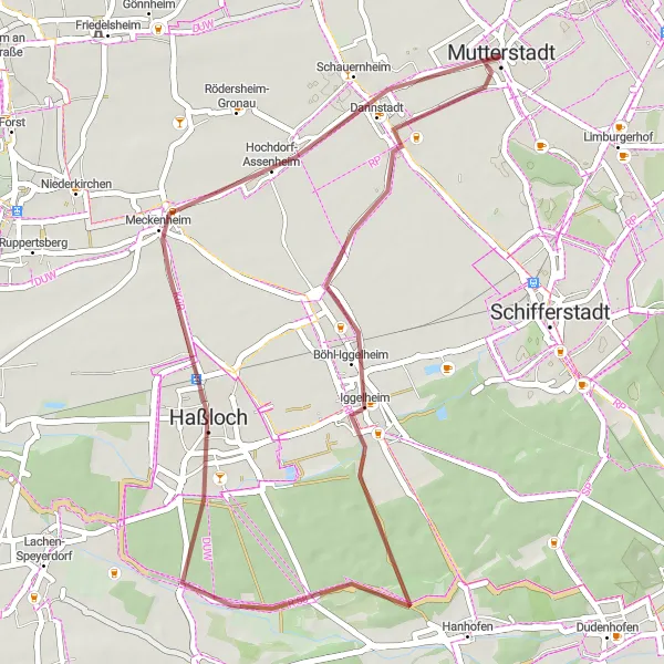 Map miniature of "Hop on the Gravel Rollercoaster" cycling inspiration in Rheinhessen-Pfalz, Germany. Generated by Tarmacs.app cycling route planner