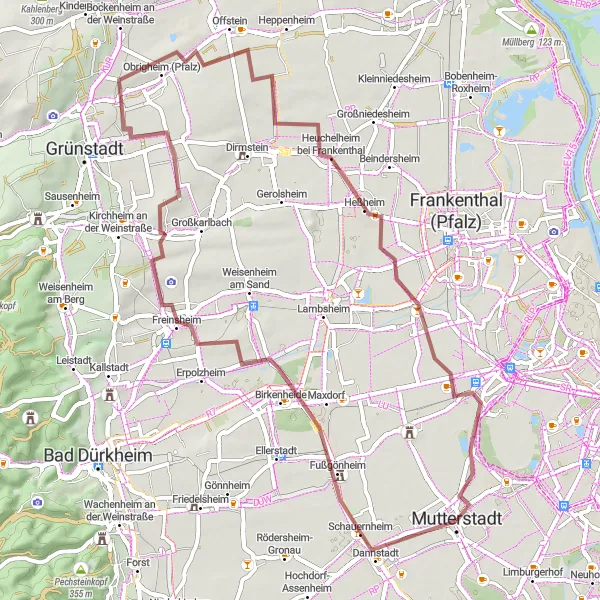 Map miniature of "The Gravel Challenge" cycling inspiration in Rheinhessen-Pfalz, Germany. Generated by Tarmacs.app cycling route planner