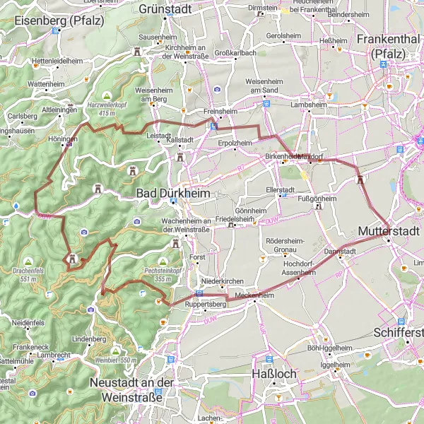 Karten-Miniaturansicht der Radinspiration "Herausfordernde Höhen von Rheinhessen-Pfalz" in Rheinhessen-Pfalz, Germany. Erstellt vom Tarmacs.app-Routenplaner für Radtouren