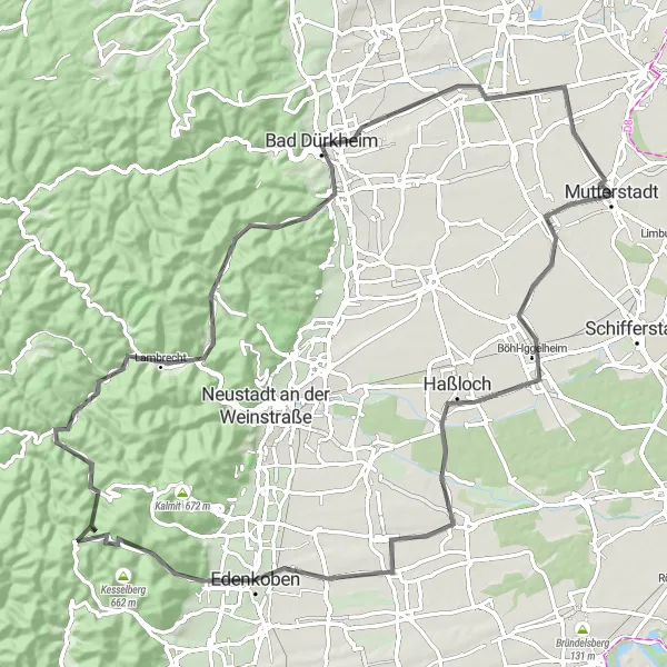 Map miniature of "The Palatine Wine Route" cycling inspiration in Rheinhessen-Pfalz, Germany. Generated by Tarmacs.app cycling route planner