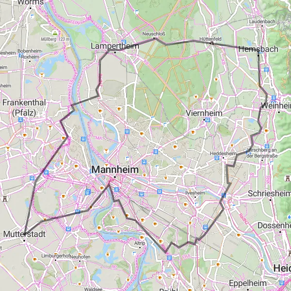 Map miniature of "Exploring Rheinhessen" cycling inspiration in Rheinhessen-Pfalz, Germany. Generated by Tarmacs.app cycling route planner