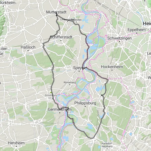 Map miniature of "The Rheinhessen-Pfalz Loop" cycling inspiration in Rheinhessen-Pfalz, Germany. Generated by Tarmacs.app cycling route planner