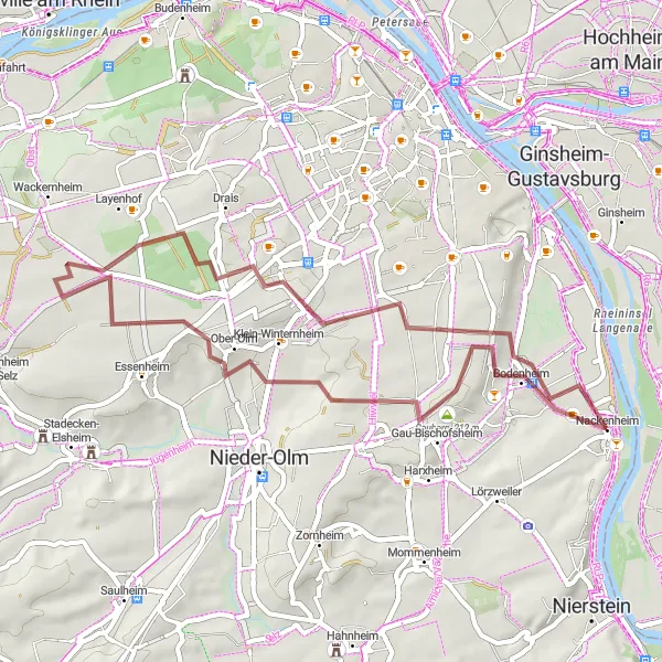 Map miniature of "Gauberg Gravel Adventure" cycling inspiration in Rheinhessen-Pfalz, Germany. Generated by Tarmacs.app cycling route planner