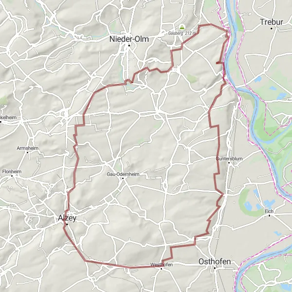 Karten-Miniaturansicht der Radinspiration "Rheinhessen Weinberge Gravel Tour" in Rheinhessen-Pfalz, Germany. Erstellt vom Tarmacs.app-Routenplaner für Radtouren
