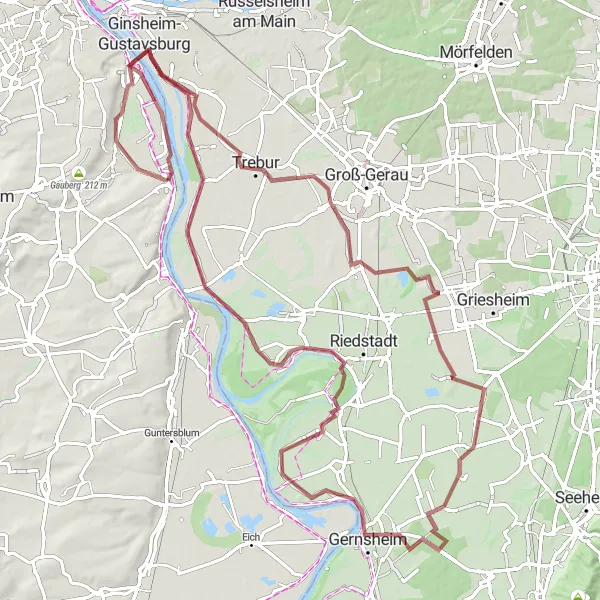 Map miniature of "Ginsheim-Gustavsburg Gravel Adventure" cycling inspiration in Rheinhessen-Pfalz, Germany. Generated by Tarmacs.app cycling route planner
