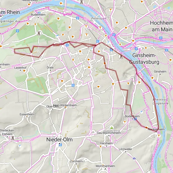 Map miniature of "Rheinhessen Gravel Adventure" cycling inspiration in Rheinhessen-Pfalz, Germany. Generated by Tarmacs.app cycling route planner