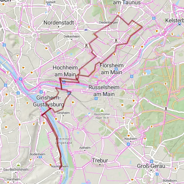 Map miniature of "Hochheim Main Gravel Loop" cycling inspiration in Rheinhessen-Pfalz, Germany. Generated by Tarmacs.app cycling route planner