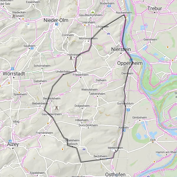 Map miniature of "Nature and Culture of Rheinhessen" cycling inspiration in Rheinhessen-Pfalz, Germany. Generated by Tarmacs.app cycling route planner