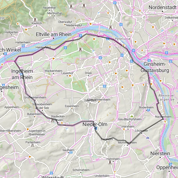 Map miniature of "Rheinhessen-Pfalz Road Route" cycling inspiration in Rheinhessen-Pfalz, Germany. Generated by Tarmacs.app cycling route planner
