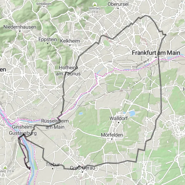 Map miniature of "Rüsselsheim Taunus Road Route" cycling inspiration in Rheinhessen-Pfalz, Germany. Generated by Tarmacs.app cycling route planner