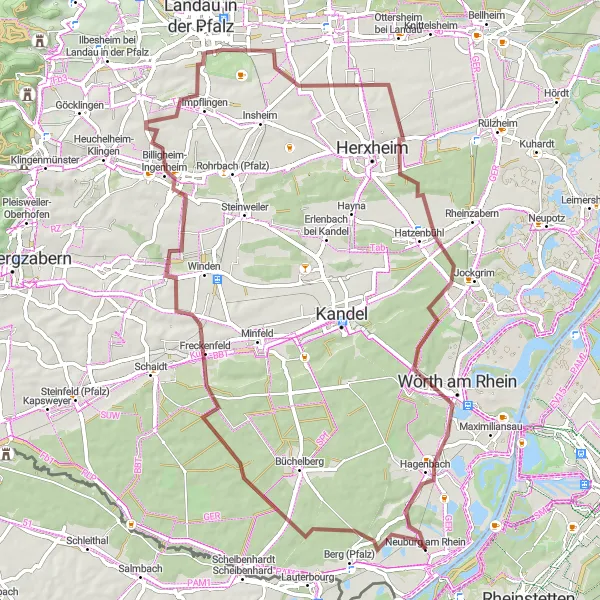 Karten-Miniaturansicht der Radinspiration "Graveltour durch den Bienwald" in Rheinhessen-Pfalz, Germany. Erstellt vom Tarmacs.app-Routenplaner für Radtouren