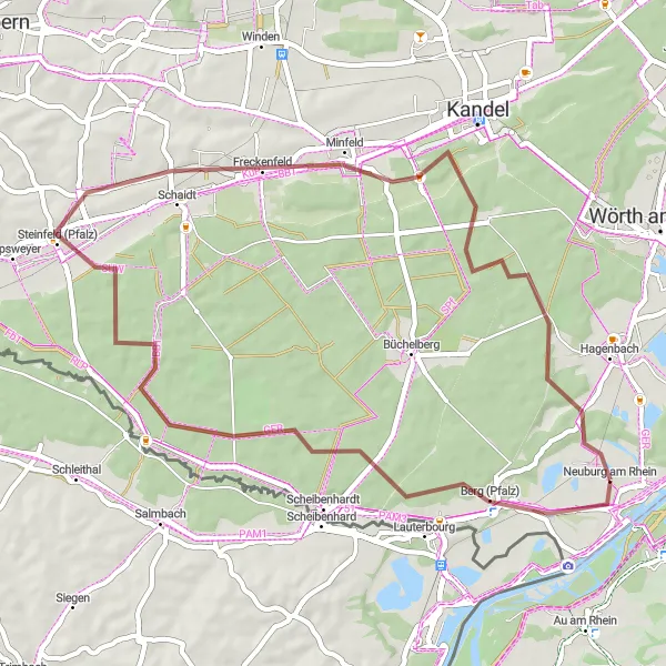 Karten-Miniaturansicht der Radinspiration "Erlebnisreiche Schotterwege um Neuburg" in Rheinhessen-Pfalz, Germany. Erstellt vom Tarmacs.app-Routenplaner für Radtouren