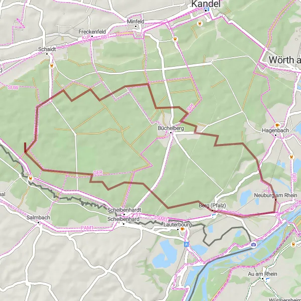 Map miniature of "Rheinhessen-Pfalz Gravel Ride 3" cycling inspiration in Rheinhessen-Pfalz, Germany. Generated by Tarmacs.app cycling route planner