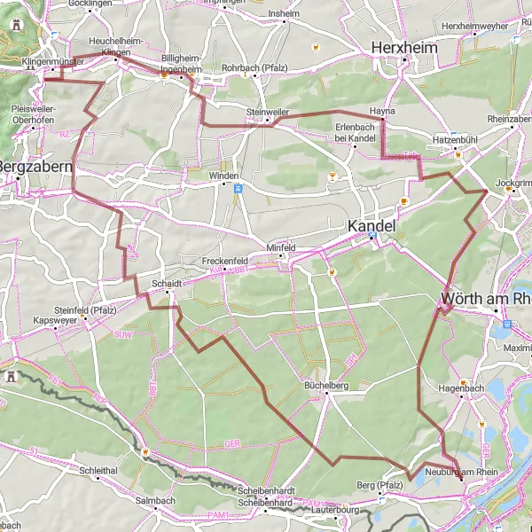 Map miniature of "Rheinhessen-Pfalz Gravel Loop" cycling inspiration in Rheinhessen-Pfalz, Germany. Generated by Tarmacs.app cycling route planner