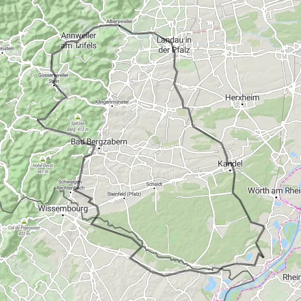 Karten-Miniaturansicht der Radinspiration "Bergetappen und Ausblicke" in Rheinhessen-Pfalz, Germany. Erstellt vom Tarmacs.app-Routenplaner für Radtouren