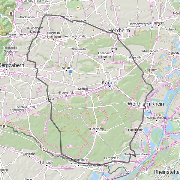 Karten-Miniaturansicht der Radinspiration "Weinberge und Bergpanorama" in Rheinhessen-Pfalz, Germany. Erstellt vom Tarmacs.app-Routenplaner für Radtouren