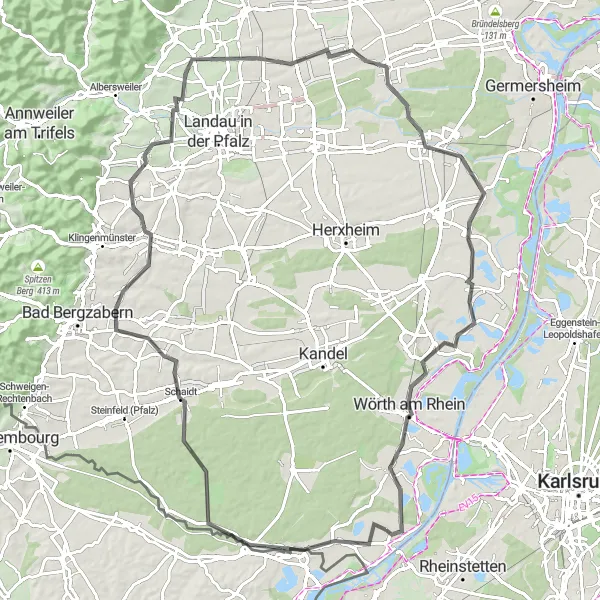 Map miniature of "Riverside Cycling and Natural Charms" cycling inspiration in Rheinhessen-Pfalz, Germany. Generated by Tarmacs.app cycling route planner