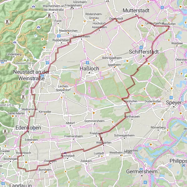 Map miniature of "Gravel Adventure to Limburgerhof" cycling inspiration in Rheinhessen-Pfalz, Germany. Generated by Tarmacs.app cycling route planner