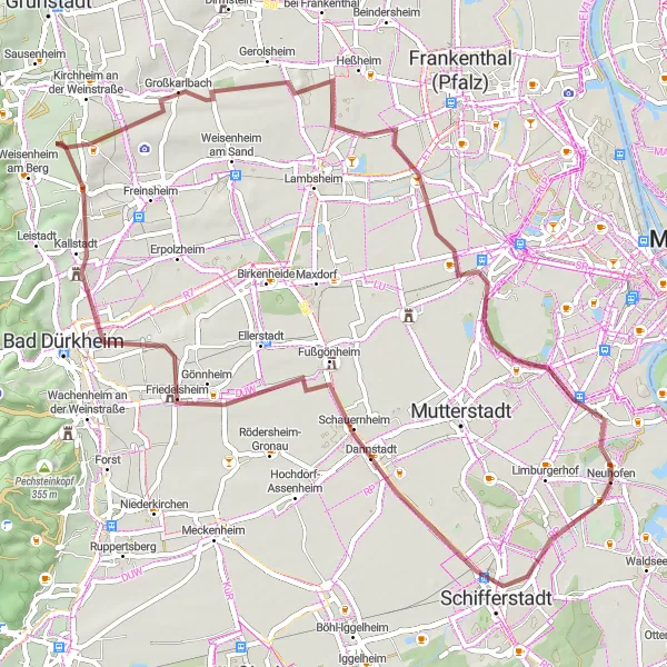 Map miniature of "Discover Bissersheim on a Gravel Ride" cycling inspiration in Rheinhessen-Pfalz, Germany. Generated by Tarmacs.app cycling route planner