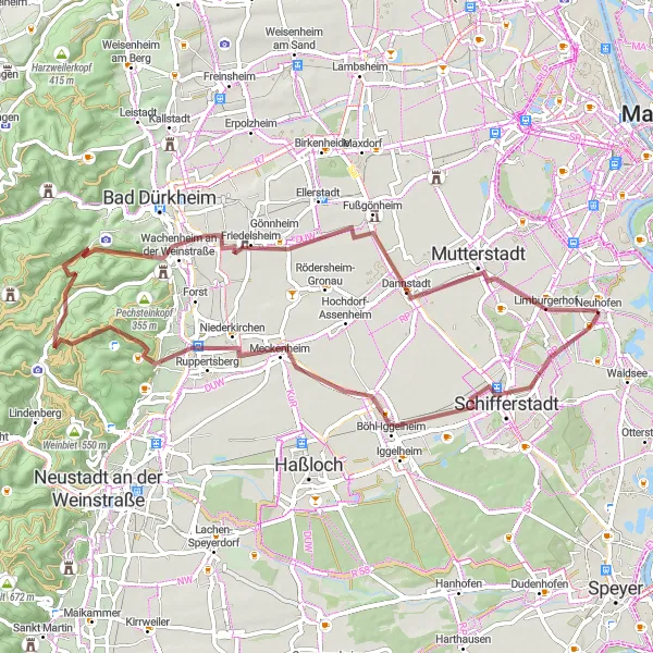 Map miniature of "Gravel Tour through Rheinhessen-Pfalz" cycling inspiration in Rheinhessen-Pfalz, Germany. Generated by Tarmacs.app cycling route planner