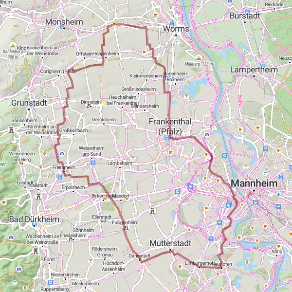 Map miniature of "Rheinhessen Explorations" cycling inspiration in Rheinhessen-Pfalz, Germany. Generated by Tarmacs.app cycling route planner