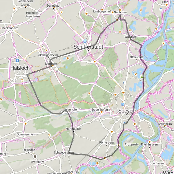 Map miniature of "Around Neuhofen: Rhine views and medieval castles on a road bike" cycling inspiration in Rheinhessen-Pfalz, Germany. Generated by Tarmacs.app cycling route planner