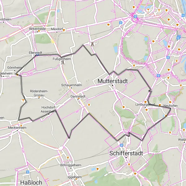 Map miniature of "Hills and Villages: Journey through Hochdorf-Assenheim to Ellerstadt" cycling inspiration in Rheinhessen-Pfalz, Germany. Generated by Tarmacs.app cycling route planner