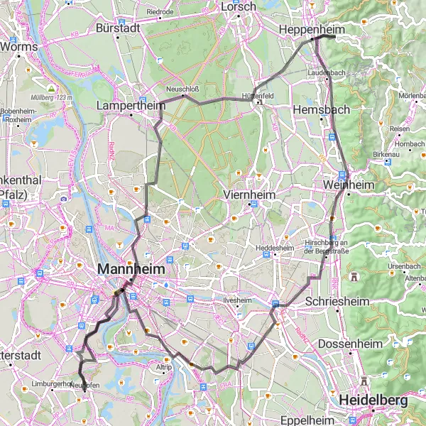 Map miniature of "Scenic Delights: Weinheim to Neckarau on a Road Bike" cycling inspiration in Rheinhessen-Pfalz, Germany. Generated by Tarmacs.app cycling route planner
